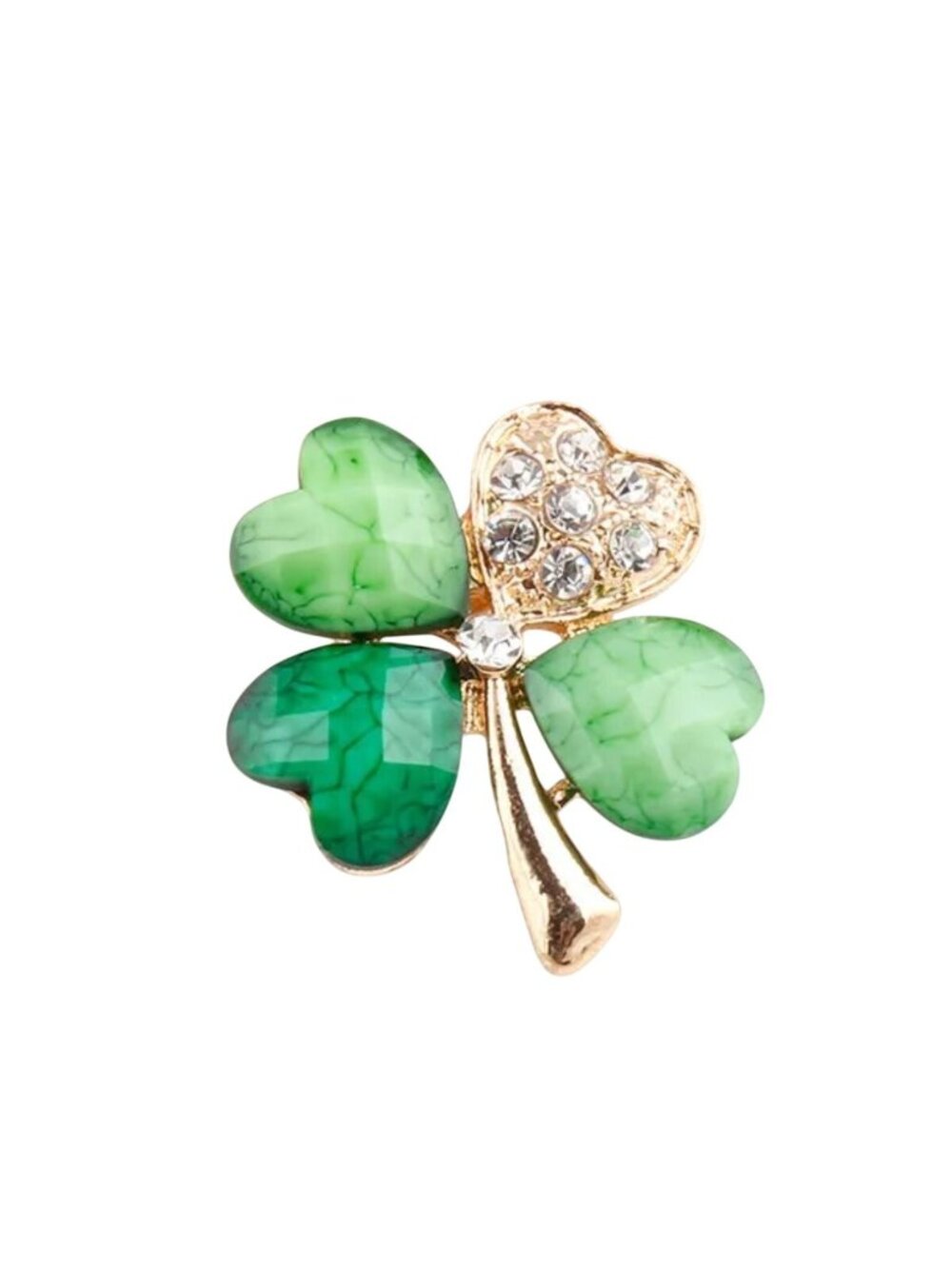 Lucky Green Four Leaf Clover Lapel Pin with Crystals Gold Tone